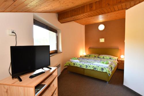 a bedroom with a bed and a flat screen tv at Penzión Lesnica in Spišské Tomášovce