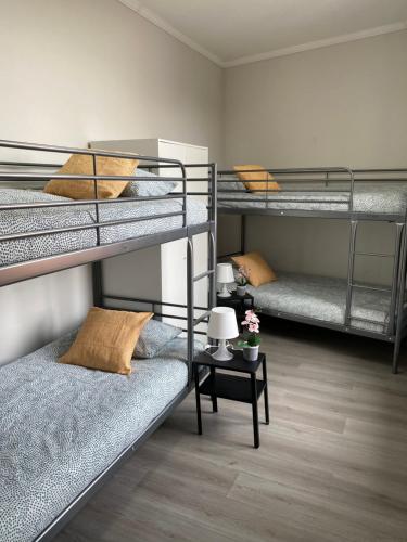 Cette chambre comprend 3 lits superposés et une table. dans l'établissement Apartments Plantin 3 sleeping rooms 2 bathrooms., à Anvers
