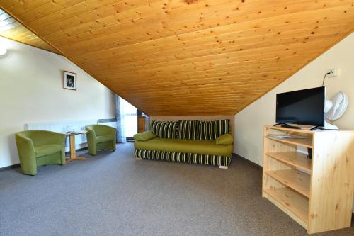 a living room with a couch and a television at Penzión Lesnica in Spišské Tomášovce