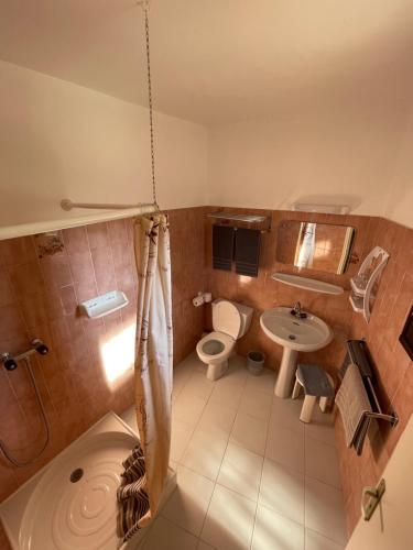 y baño con aseo, lavabo y ducha. en Motel Esterel en Mandelieu-la-Napoule