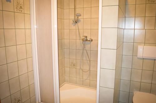 baño con ducha y puerta de cristal en Villa Viola, en Moosburg