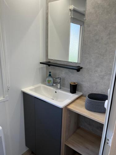 a bathroom with a sink and a mirror at Mobilhome bora bora in Pont-Aven