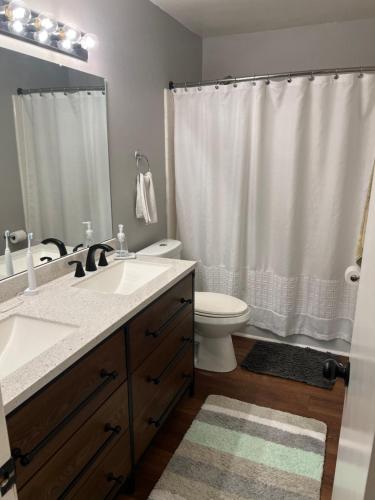 a bathroom with a sink and a toilet and a shower at Large Bedroom With 2 Queen Bed in Charlotte