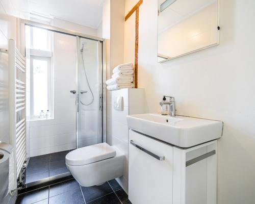 een badkamer met toilet, wastafel en douche bij Nr 19 Bed and Bubbels in Middelburg