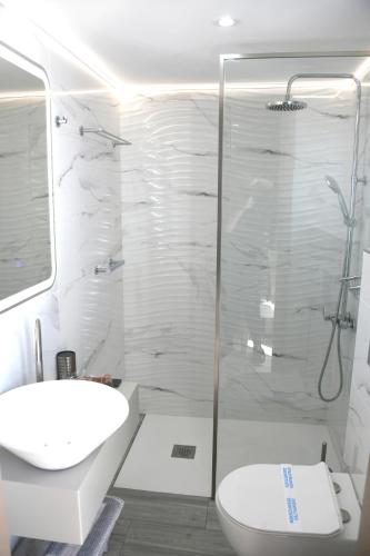 a bathroom with a shower and a sink and a toilet at Klinakis Beach Hotel in Chania Town