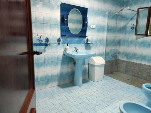 uma casa de banho com um lavatório, um WC e um espelho. em Casa Rural Villagarcia em El Real de la Jara
