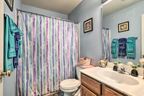 a bathroom with a sink and a toilet and a shower curtain at Alexandria Area Vacation Rental with Backyard in Accokeek