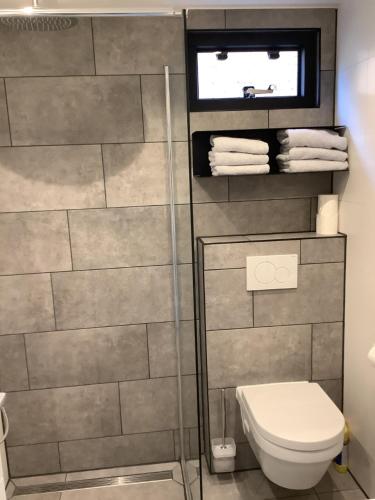 a bathroom with a toilet and a window and towels at Atelier Zonnehoek in Bergen