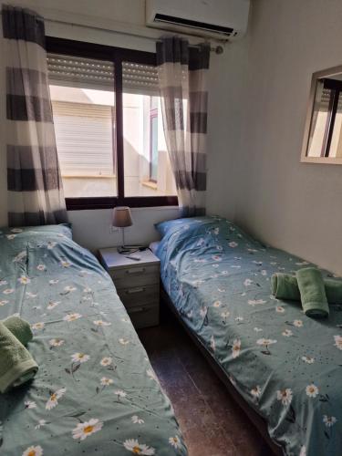 een slaapkamer met 2 aparte bedden en een raam bij Costamarina Apartments in Cabo Roig