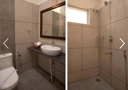 2 immagini di un bagno con servizi igienici e lavandino di Clover Holiday Village a Madikeri