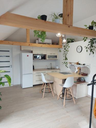 a kitchen with white cabinets and a table and chairs at Apartman Barbara in Lipany