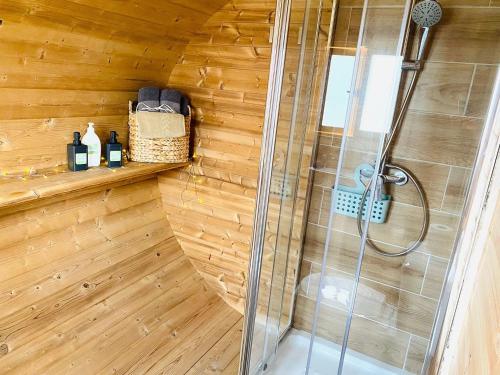 a bathroom with a shower in a wooden wall at Arrebol Suite con Jacuzzi piscina y naturaleza in Buzanada