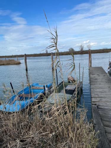 a boat sitting on the water next to a dock at Appartamento Lavanda - Casa vacanza nel Delta del Po 