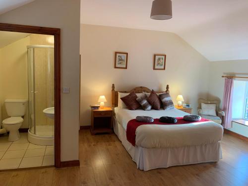 a bedroom with a large bed and a bathroom at Castlehamilton Cottages and Activity Centre in Cavan