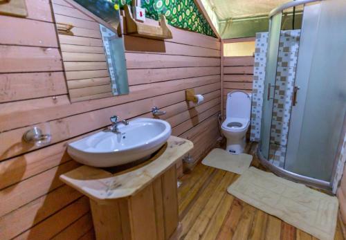a bathroom with a sink and a toilet at Ruhondo Island Retreat in Ruhondo