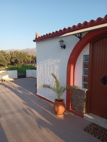 a house with a potted plant sitting on a deck at Villa Ampelia in Sitia