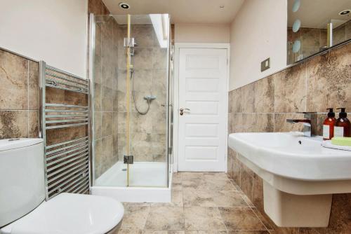 a bathroom with a toilet and a sink and a shower at Unique 2 Bedroom Flat Kirrie Scotland in Kirriemuir