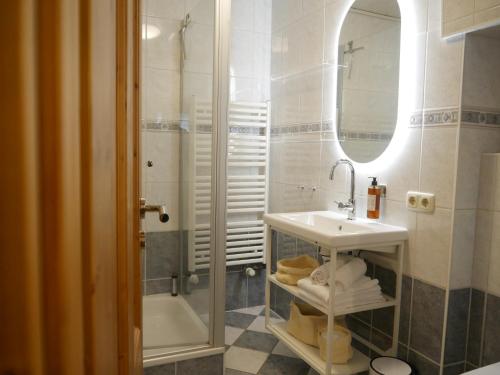 y baño con lavabo, ducha y espejo. en MOONROOMS charmant wohnen in Lüneburgs Altstadt, en Lüneburg