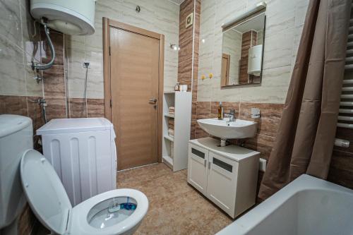 a bathroom with a toilet and a sink and a shower at URBAN GREY APARTMAN in Sremska Mitrovica
