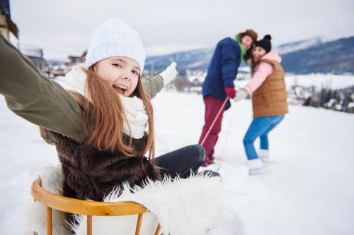 a little girl sitting in a chair in the snow at Bienenstock in Seiffen