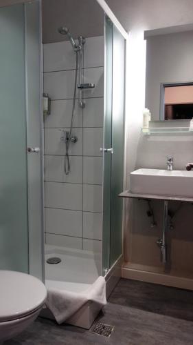 a bathroom with a shower and a sink at Pension Falconi in Kolín