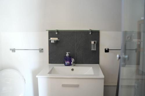 uma casa de banho com um lavatório branco e um chuveiro em La Médiévale, studio dans la vieille ville - n°7 em Saint-Valery-sur-Somme