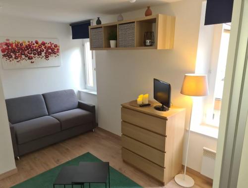 a small living room with a couch and a television at Studio zone piétonne à Saverne in Saverne