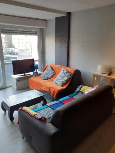 salon z kanapą i łóżkiem w obiekcie Appartement centre-ville Rennes w mieście Rennes
