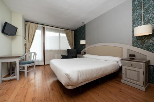 a hotel room with a bed and a desk and a chair at Hotel de Montaña El Mirador in Broto