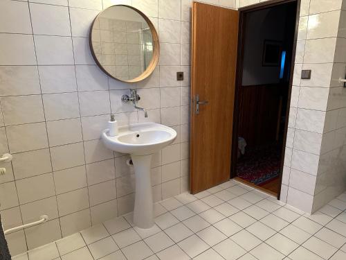a bathroom with a sink and a mirror at Penzion Harvanek in Vlachovice