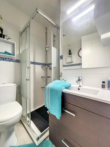 une salle de bain avec une douche, des toilettes et un lavabo dans l'établissement Rêve de plage - Confortable appt pour 2, à Canet