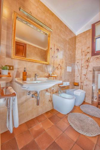 a bathroom with a sink and a toilet and a mirror at Villa Edy Barbaresco con piscina per gruppi e famiglie in Barbaresco
