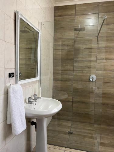a bathroom with a sink and a glass shower at Ataria Place in Cradock