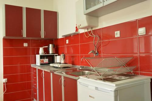 una cucina rossa con un lavandino e una parete rossa di Apartment Kapishtec a Skopje