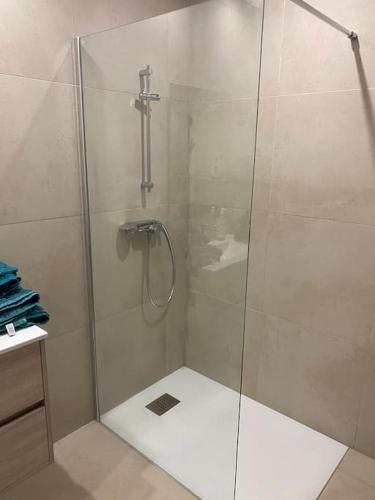 une douche avec une porte vitrée dans une salle de bain dans l'établissement Villa Pacienta, à Bonifacio
