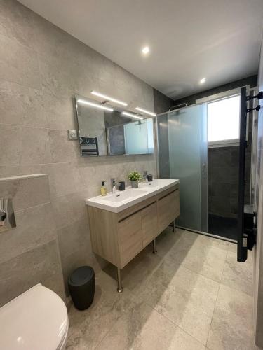 une salle de bain avec un lavabo et des toilettes dans l'établissement Villa Andrée avec piscine à proximité de la mer, à Saint-Cyr-sur-Mer