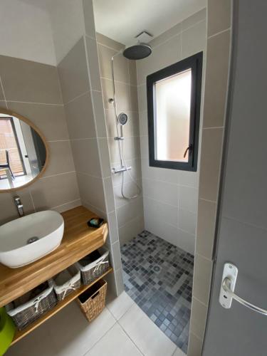 ein Bad mit einem Waschbecken und einem Spiegel in der Unterkunft Gîte Cala Verde Jardin, à 4km de la première plage in Audenge