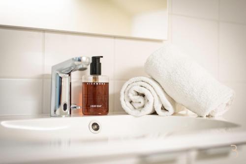 un lavabo con una botella de jabón y una toalla en Hôtel Battice - Appart Hôtel, en Herve