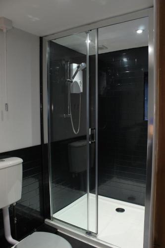 ハロゲートにあるAcomb Lodgeのバスルーム(ガラス張りのシャワー、トイレ付)