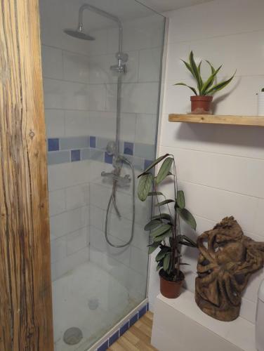 a bathroom with a shower with a glass door at The Old Hay Barn in Bursledon