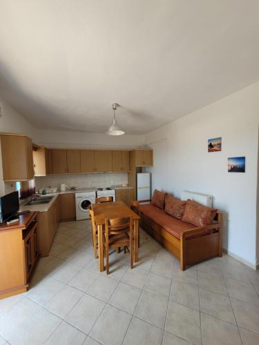 a kitchen and living room with a couch and a table at LEFKADA TWINS 1 in Agios Kirykos