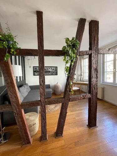 Cette chambre dispose de lits superposés et de poutres apparentes. dans l'établissement Appartement 2 chambres au cœur de Strasbourg, à Strasbourg