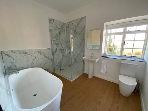 a bathroom with a shower and a toilet and a sink at Pembrokeshire Near Beach With A Hot Tub in Pembroke