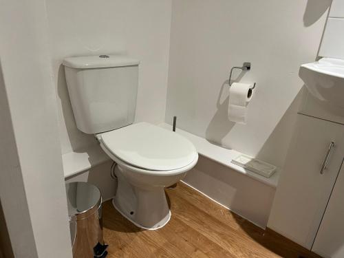 a bathroom with a white toilet and a sink at Preston Room Let in Yeovil