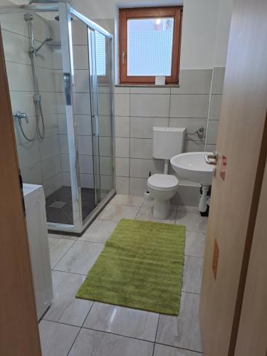 uma casa de banho com um chuveiro, um WC e um tapete verde em sara1 em Slavonski Brod