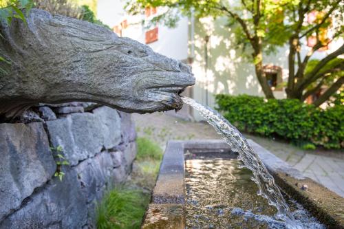 a statue of a dog drinking water from a fountain at Innerbachlerhof - Gantkofel in Postal
