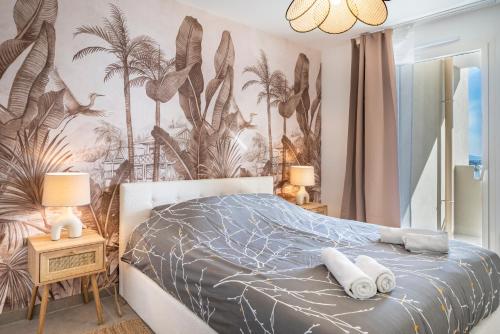 Ένα ή περισσότερα κρεβάτια σε δωμάτιο στο Terrasse Vue Mer, 5mn Monaco, Parking - AN