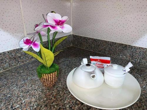 a white plate with a vase with a flower on a counter at Family Apartment in San Felipe de Puerto Plata