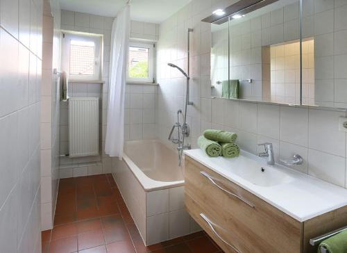 a bathroom with a sink and a tub and a shower at Gästehaus Elisabeth in Bad Staffelstein