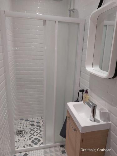 La salle de bains est pourvue d'une douche et d'un lavabo blanc. dans l'établissement Studio avec accès direct sur le port de Gruissan, à Gruissan